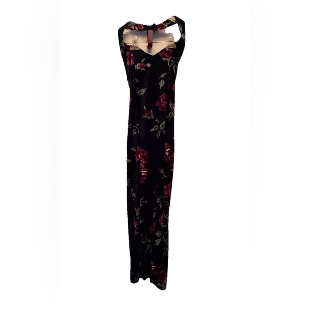 Vintage Frederick's of Hollywood Black Halter Dress with Burgandy Floral Design